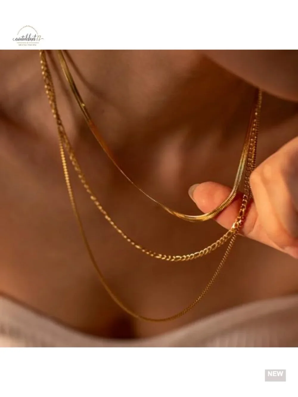 3 Piece Layered Gold Plated Necklace Set Cuban Herringbone Figaro Chain Stack
